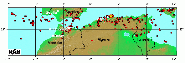 Karte von Nordafrika mit Erdbeben seit 1960