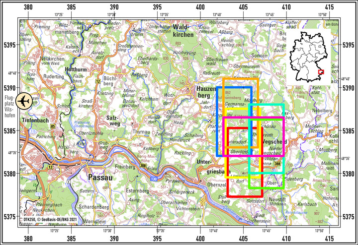 Messgebiet Kropfmühl im Bayrischen Wald: Teilgebiete der ersten DESMEX-II semi-airborne Elektromagnetik-Messkampagne im September 2020