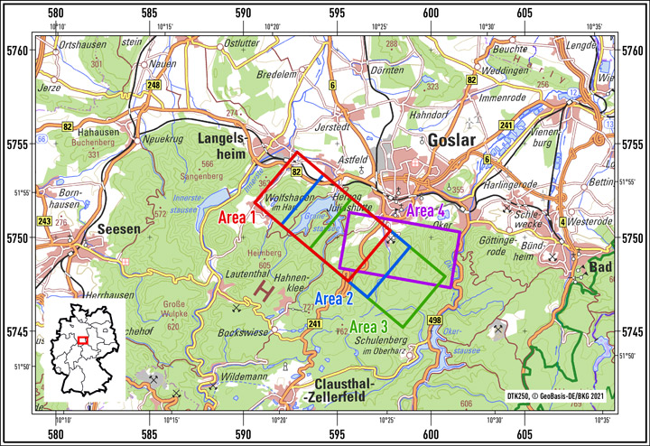 Messgebiet Gosetal im Harz: Teilgebiete der zweiten DESMEX-II semi-airborne Elektromagnetik-Messkampagne im September 2020