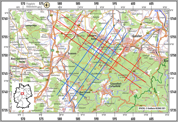 Messgebiete AFMAG-Tests im Harz: Soll-Fluglinien für Systemtests im August 2020 (rot und blau) und April/Mai 2021 (blau)