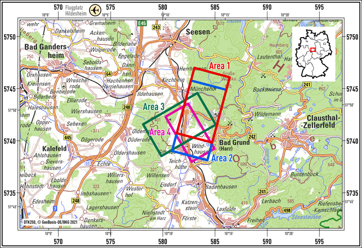 Messgebiet Bad Grund im Harz: Teilgebiete der dritten DESMEX-II semi-airborne Elektromagnetik-Messkampagne im August 2021